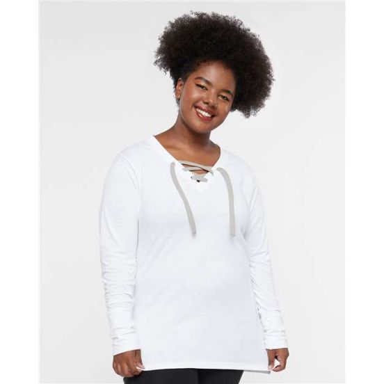 LAT 3538 Women's Fine Jersey Lace-Up Long Sleeve T-Shirt