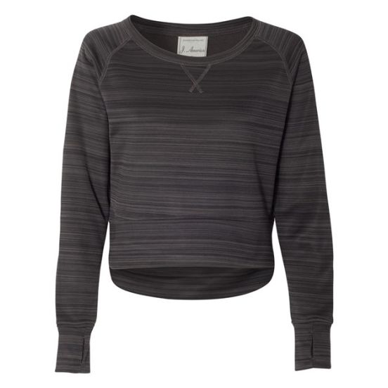 J. America 8663 Women's Odyssey Striped Performance Fleece Hi-Low Crewneck Sweatshirt