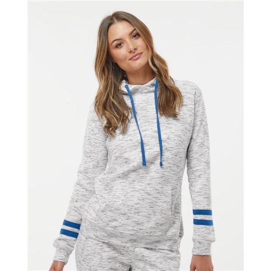 J. America 8674 Women’s Mélange Fleece Striped-Sleeve Hooded Sweatshirt