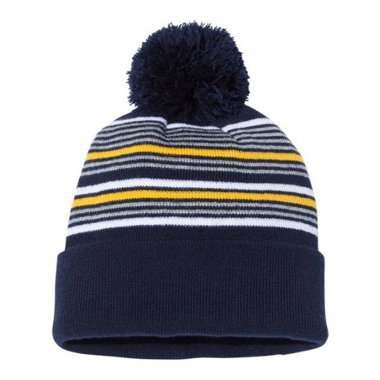 Sportsman SP60 12" Striped Pom-Pom Cuffed Beanie