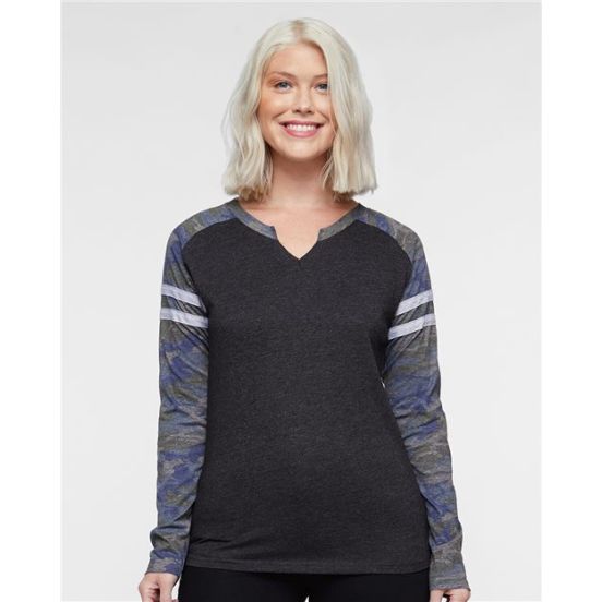 LAT 3534 Women's Fine Jersey Mash Up Long Sleeve T-Shirt