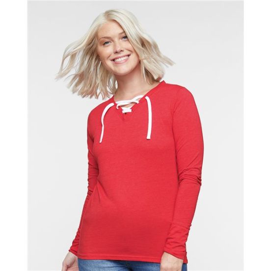 LAT 3538 Women's Fine Jersey Lace-Up Long Sleeve T-Shirt